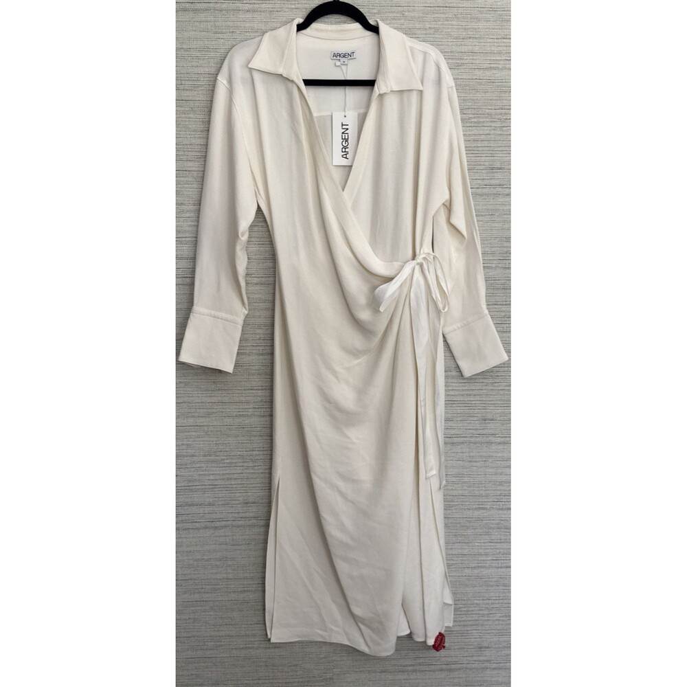 Argent Draped Shirt Dress Ivory Wool Crepe Size Medium Quiet Luxury